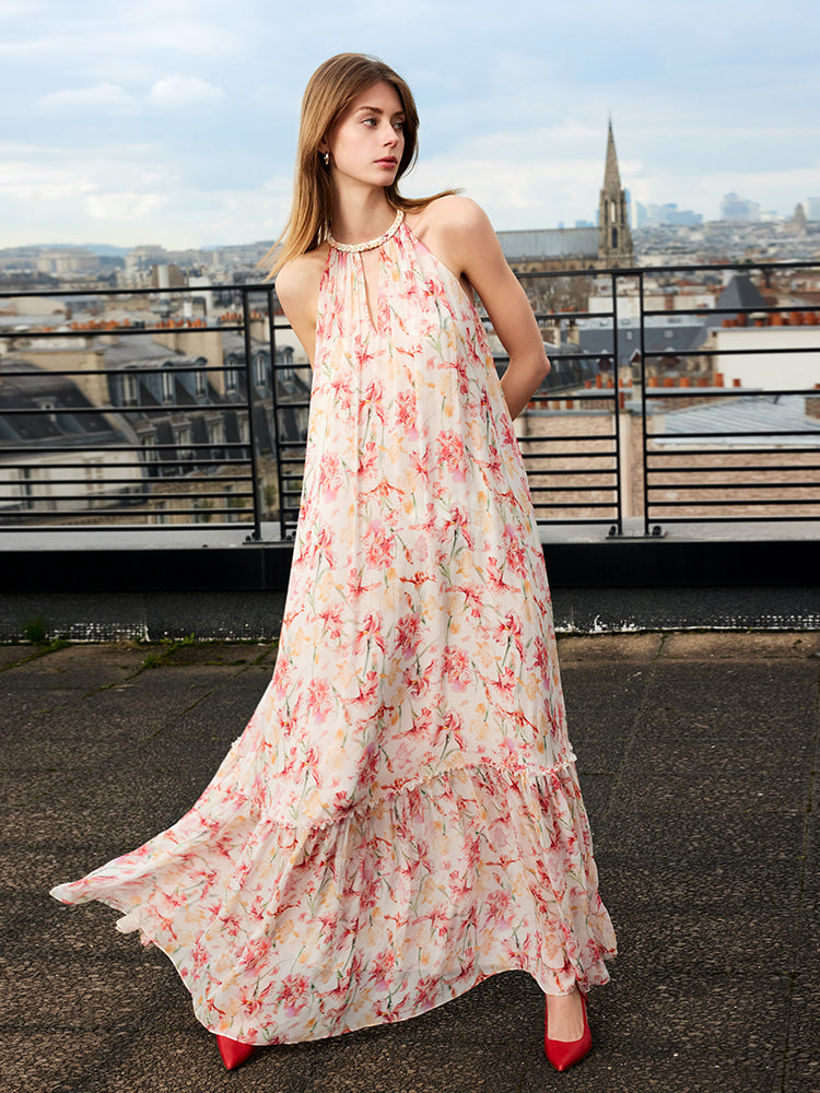 10 Momme Mulberry Silk Iris Printed Halter Ruffle Women Maxi Dress GOELIA