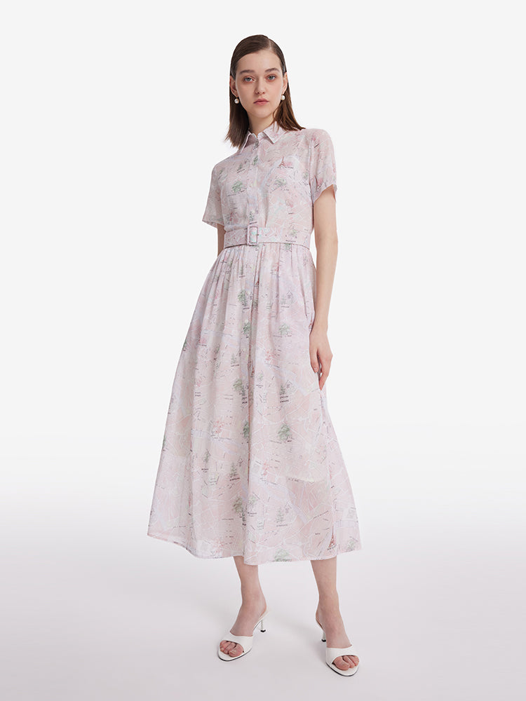 Map Printed Women Midi Dress With Bottomed Dress And Belt GOELIA