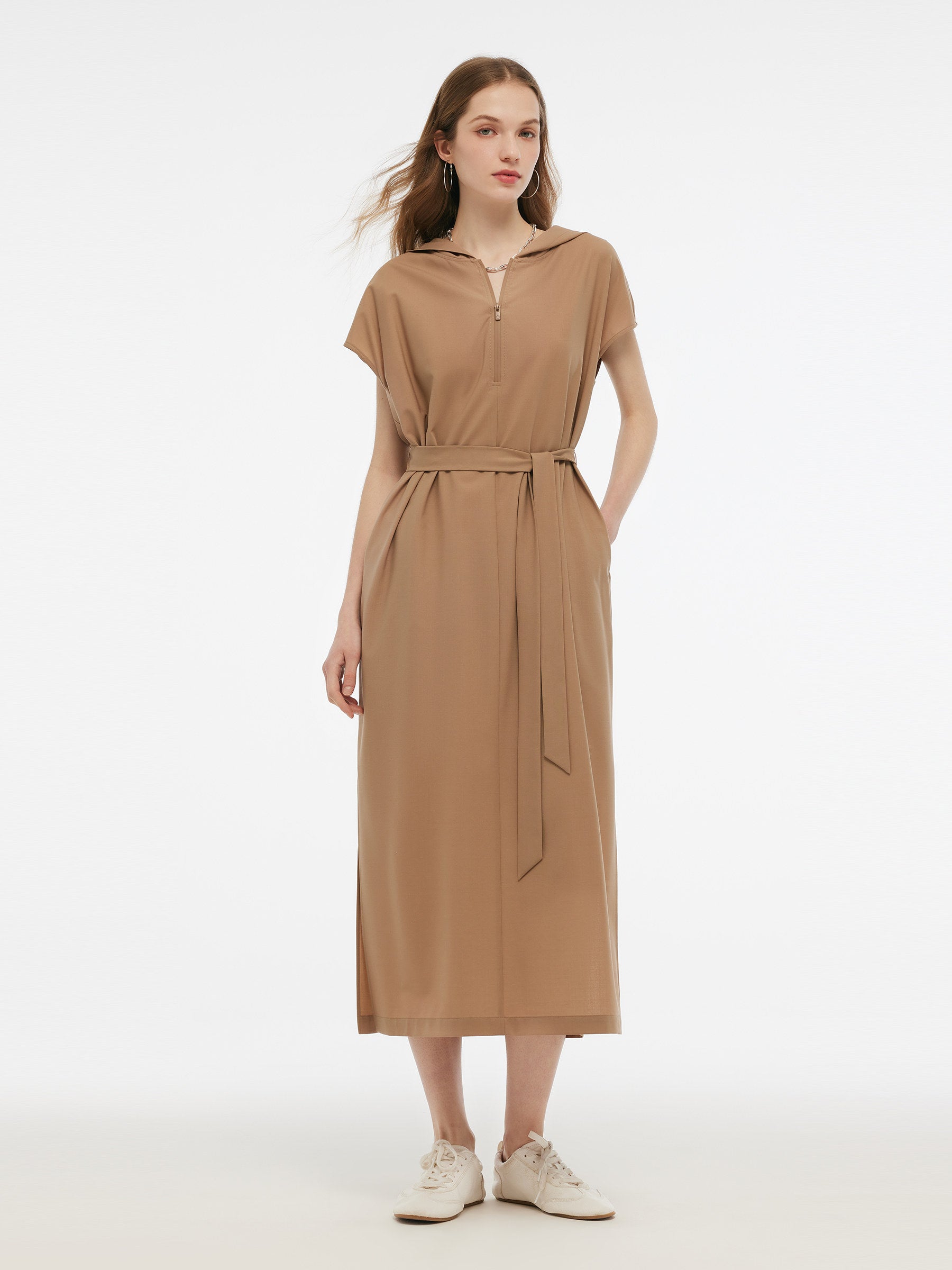 Worsted Wool Blend Women Hooded Belted Maxi Dress GOELIA