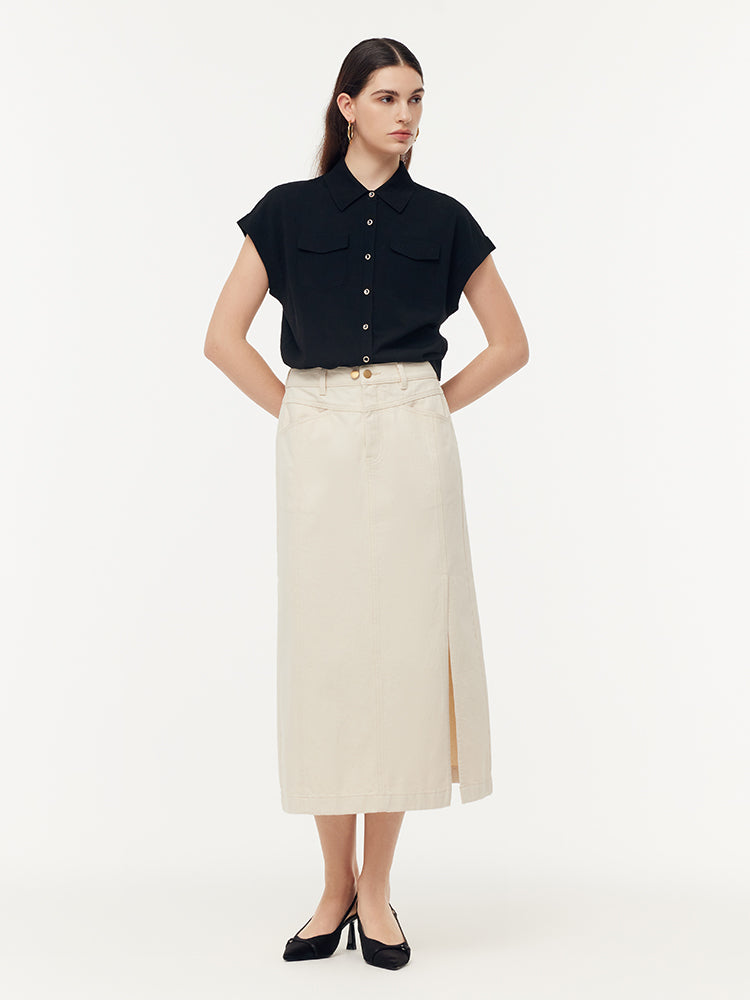 100% Cotton Denim Adjustable Waist Women Slit Skirt GOELIA