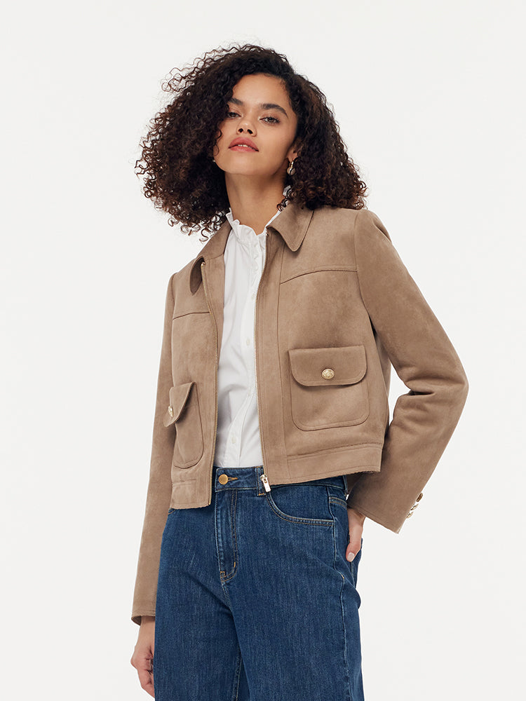 Faux Suede Zip-Up Women Lined Crop Jacket GOELIA