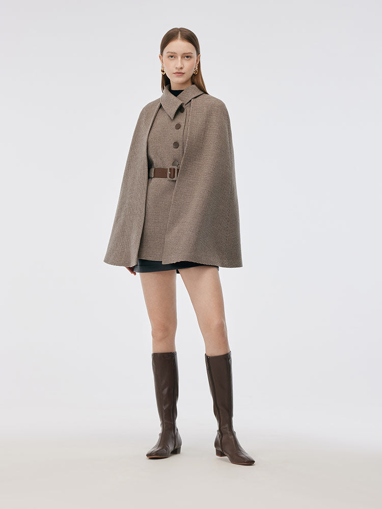 100% Washable Wool Beige Check Cape And Vest Two-Piece With Belt GOELIA