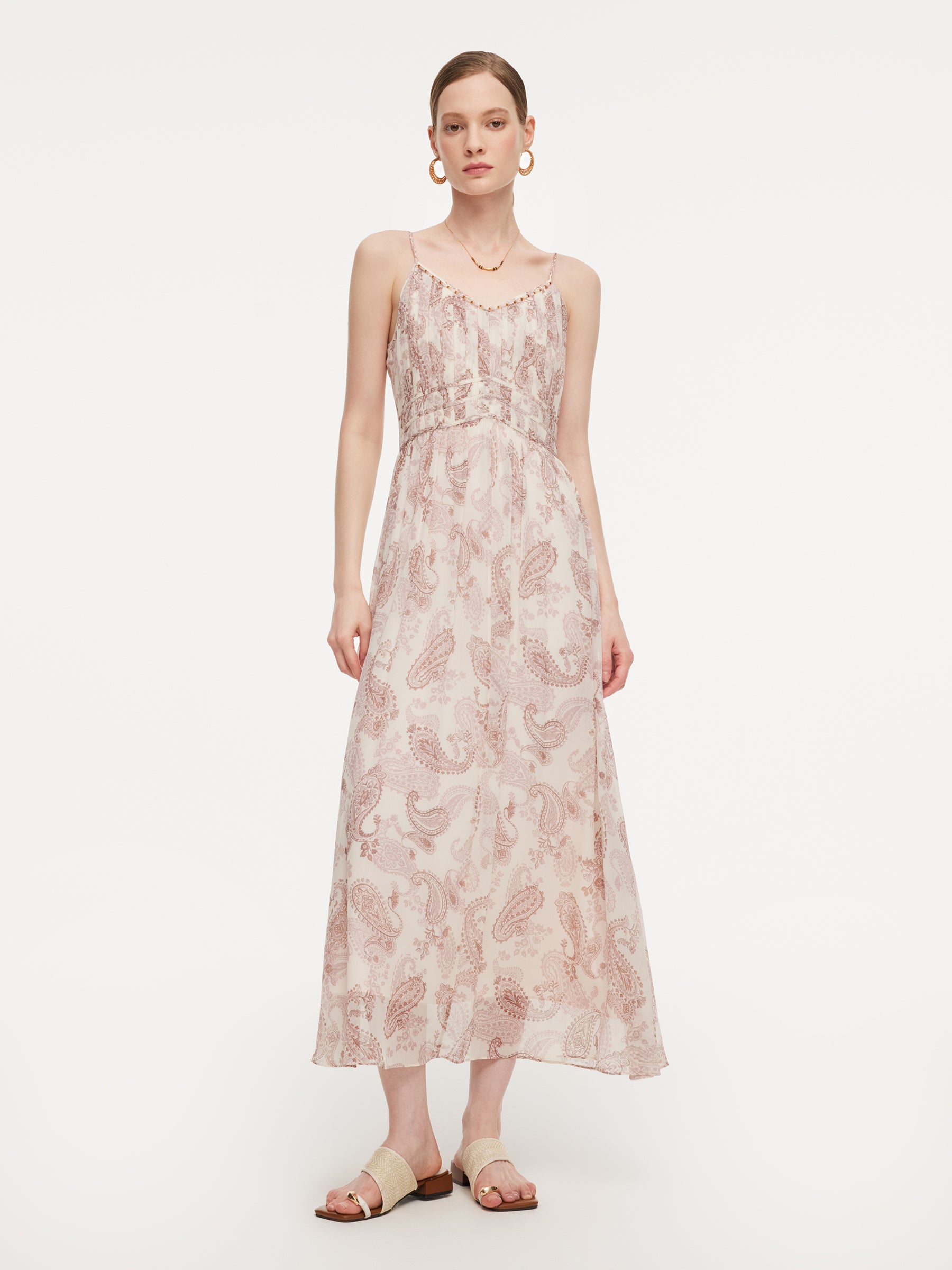 paisley-print mulberry silk dress 10MM Mulberry Silk Back Tie Paisley Print Women Maxi Dress, Paisley Print on Cream Combo / M