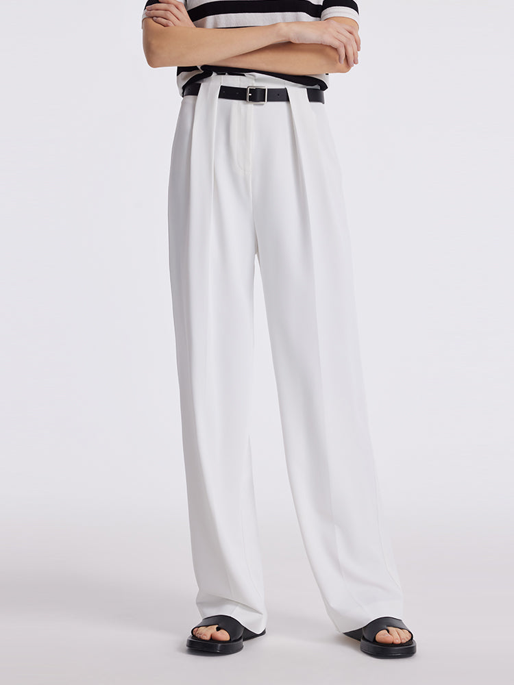 Straight Pleated Women Pants With Leather Belt GOELIA