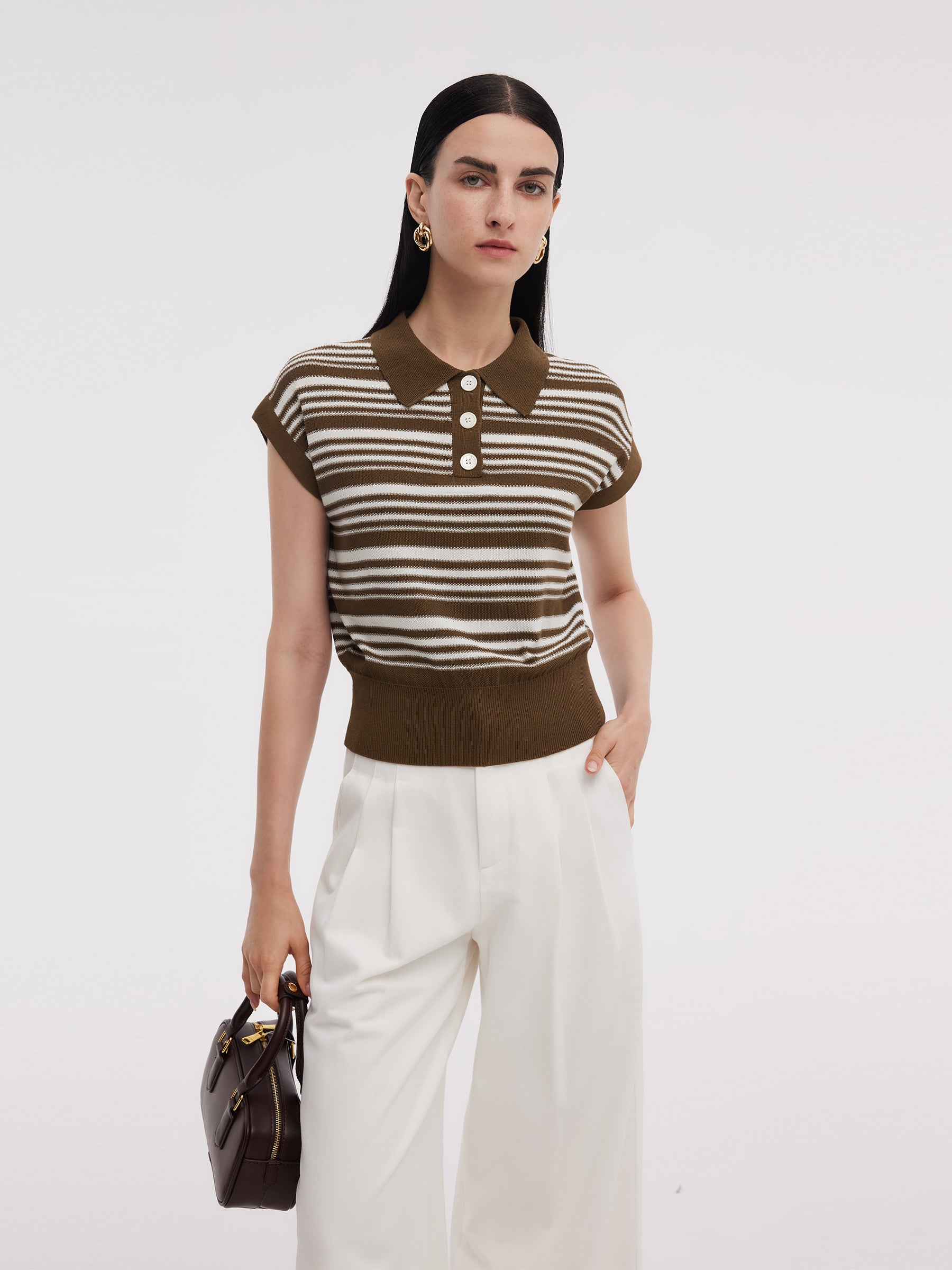 Tencel Blend Polo Collar Stripe Women Cap Sleeve Knit Tank Top GOELIA