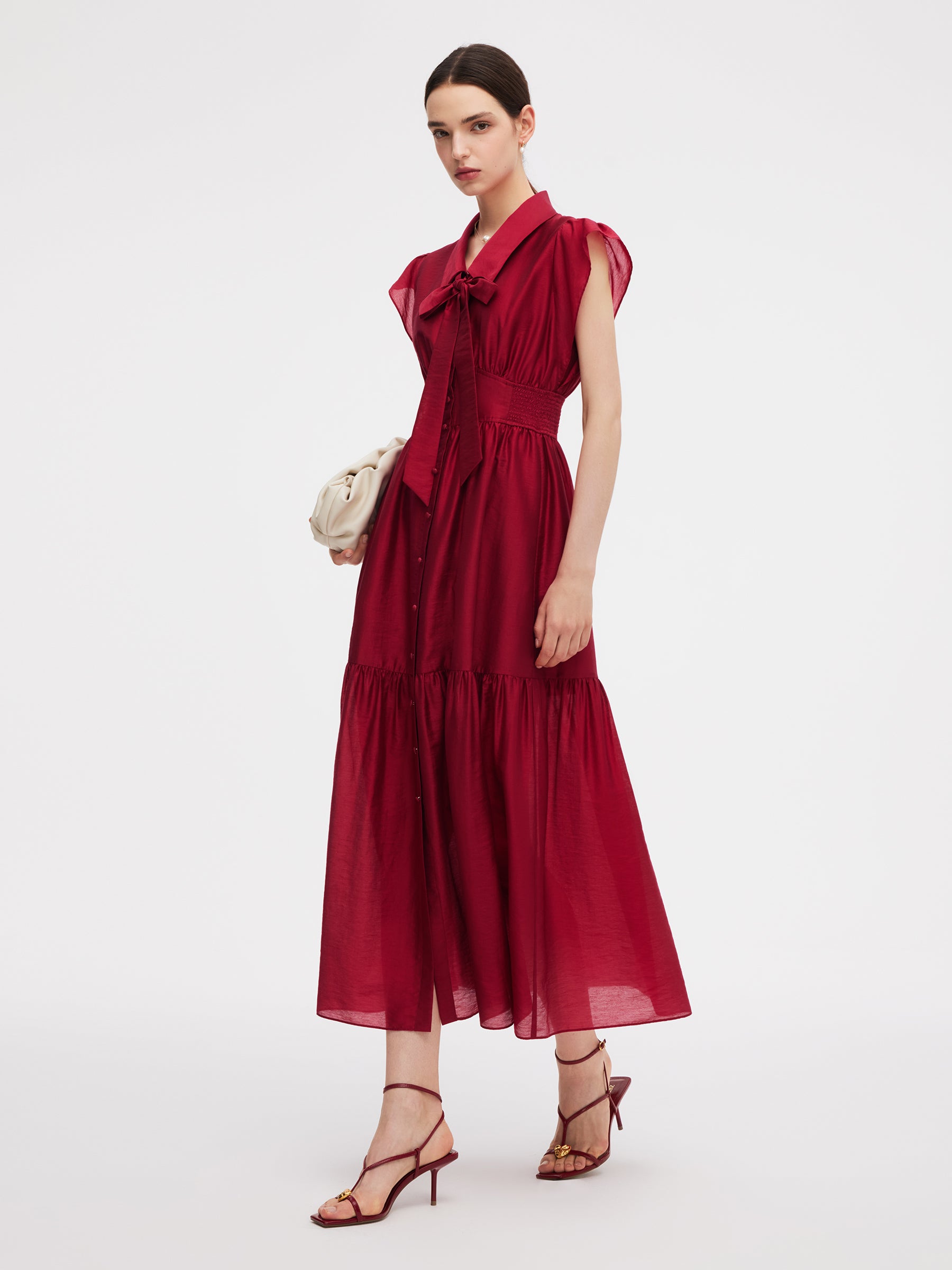 Tencel Blend Women Ruffle Cap Sleeve Maxi Dress With Sash GOELIA