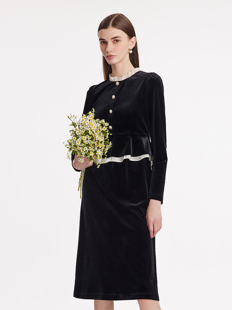 Ruffle Collar Velvet Women Midi Dress GOELIA