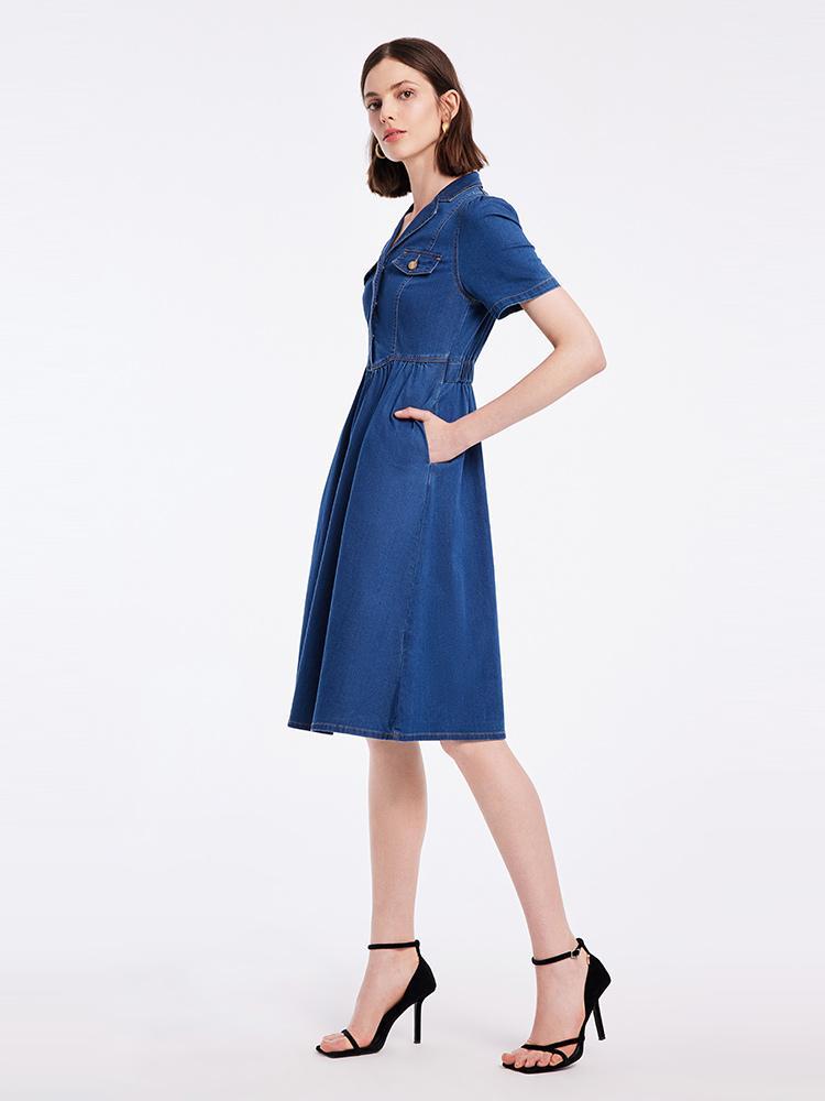 V-neck Gathered Waist Denim Midi Collared Dress GOELIA