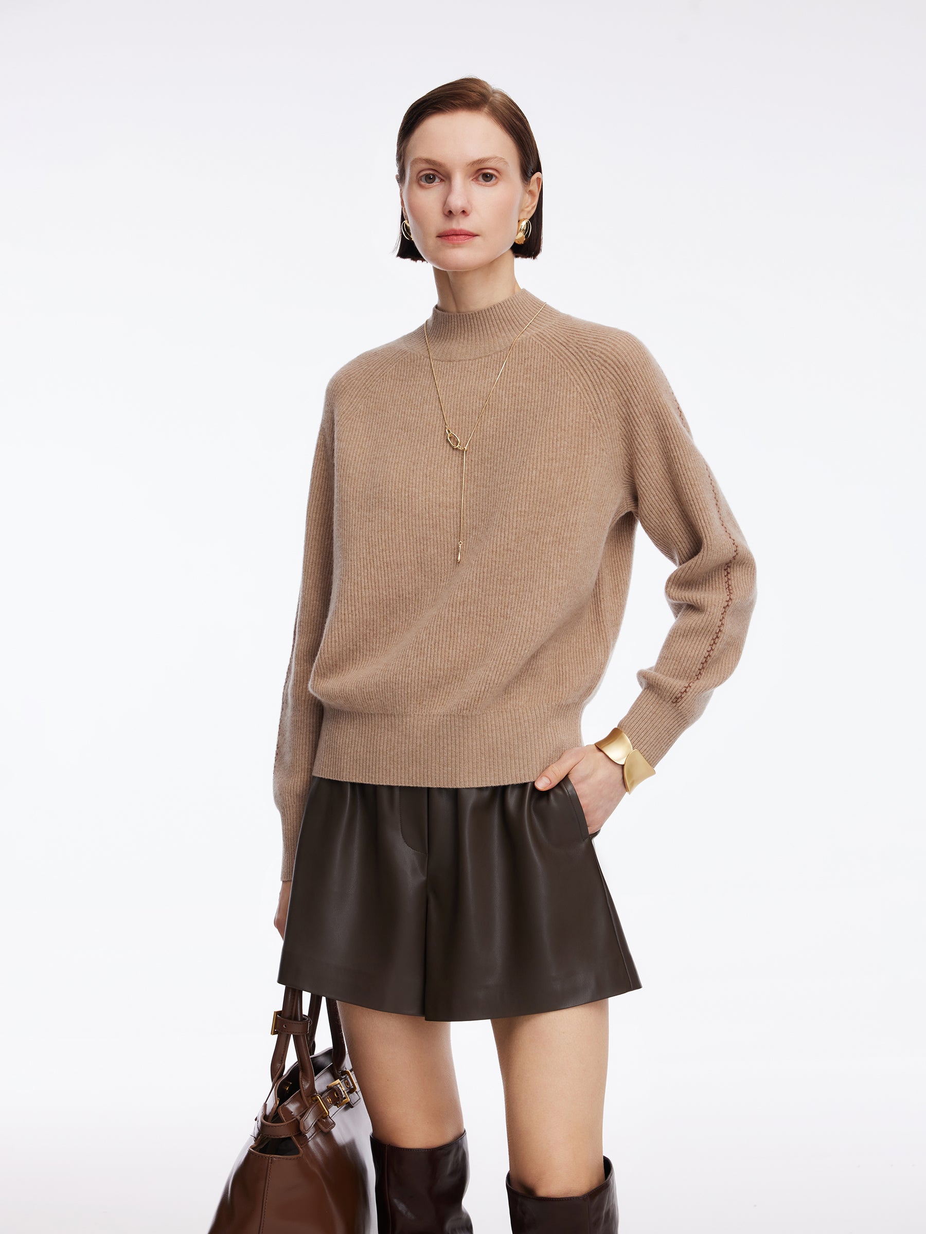 100% Wool Stitch Trim Women Knit Top GOELIA