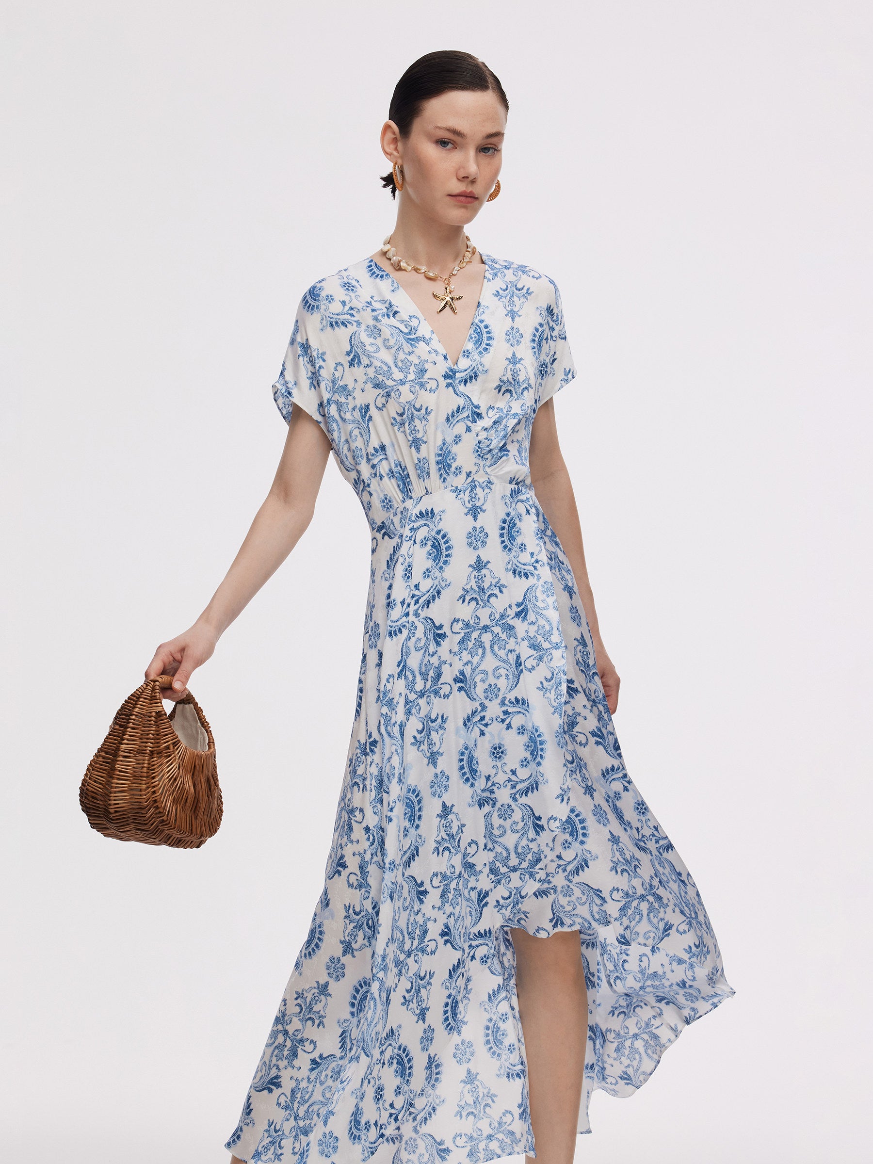 Floral Print Asymmetric Hem Women V-Neck Maxi Dress GOELIA