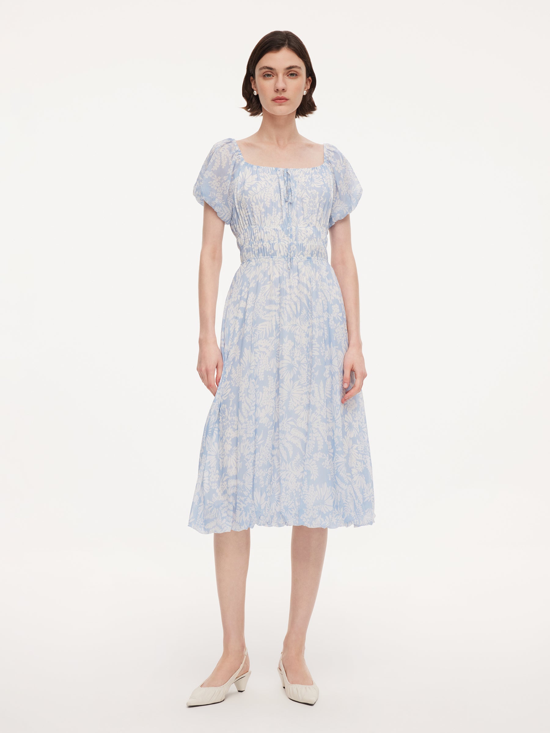 10MM Mulberry Silk Floral Print Women Bubble Hem Midi Dress With Scrunchie, Blue and White Floral Stencil Print / M