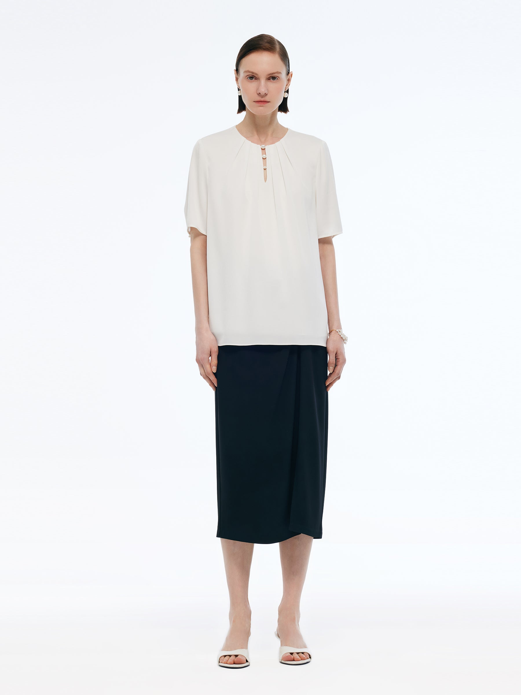 Acetate Blend Women Round Neck Blouse GOELIA