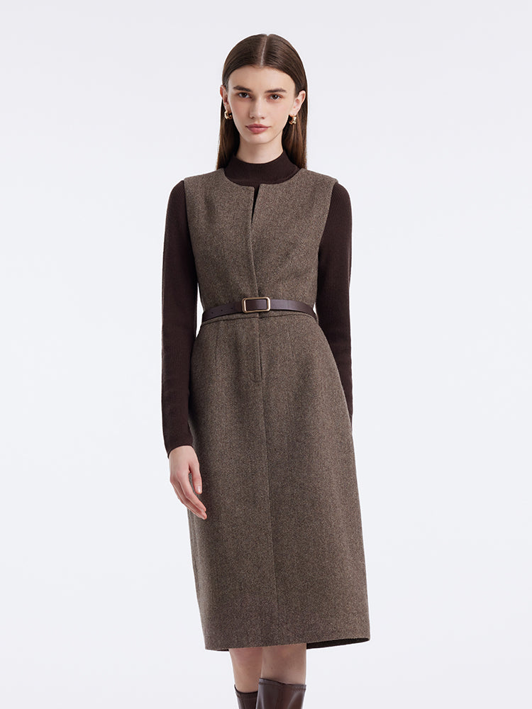 Washable Wool Vest Dress And Knitted Sweater Two-Piece Set With Belt GOELIA