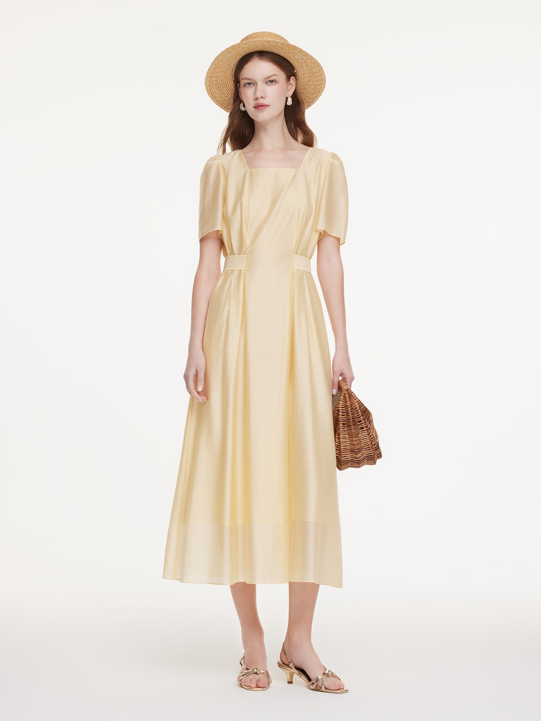 Pre-Order Tencel Blend Square Neck Women Gather-Waisted Maxi Dress, Vanillla / XL