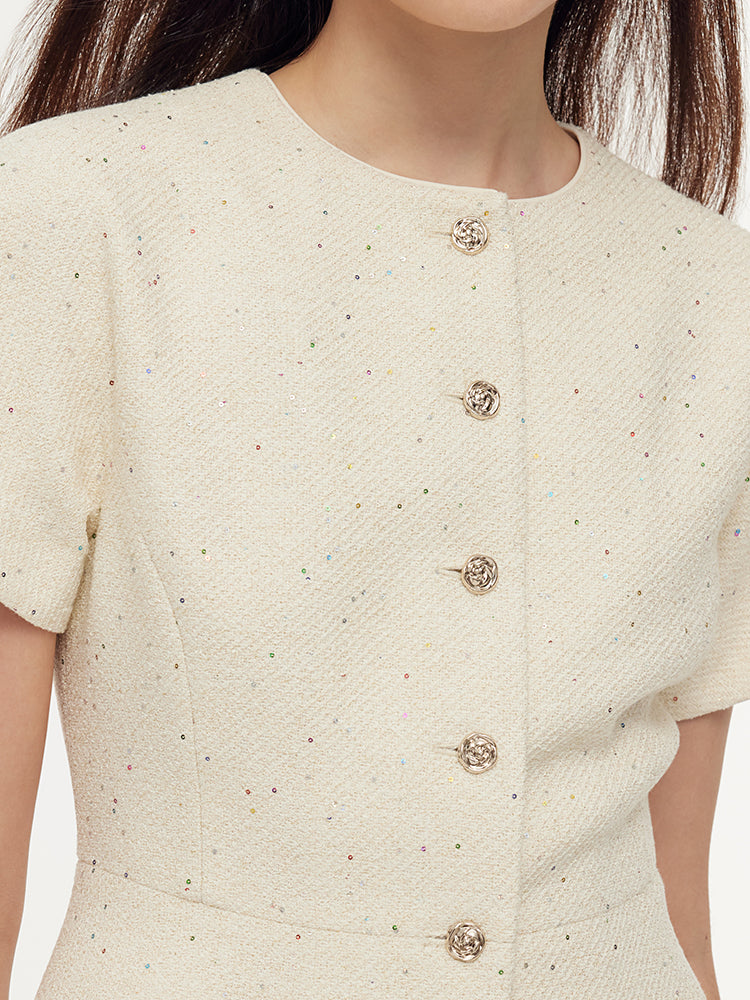Tweed Sequins Short Sleeve Jacket And Mesh Skirt Two-Piece Set GOELIA