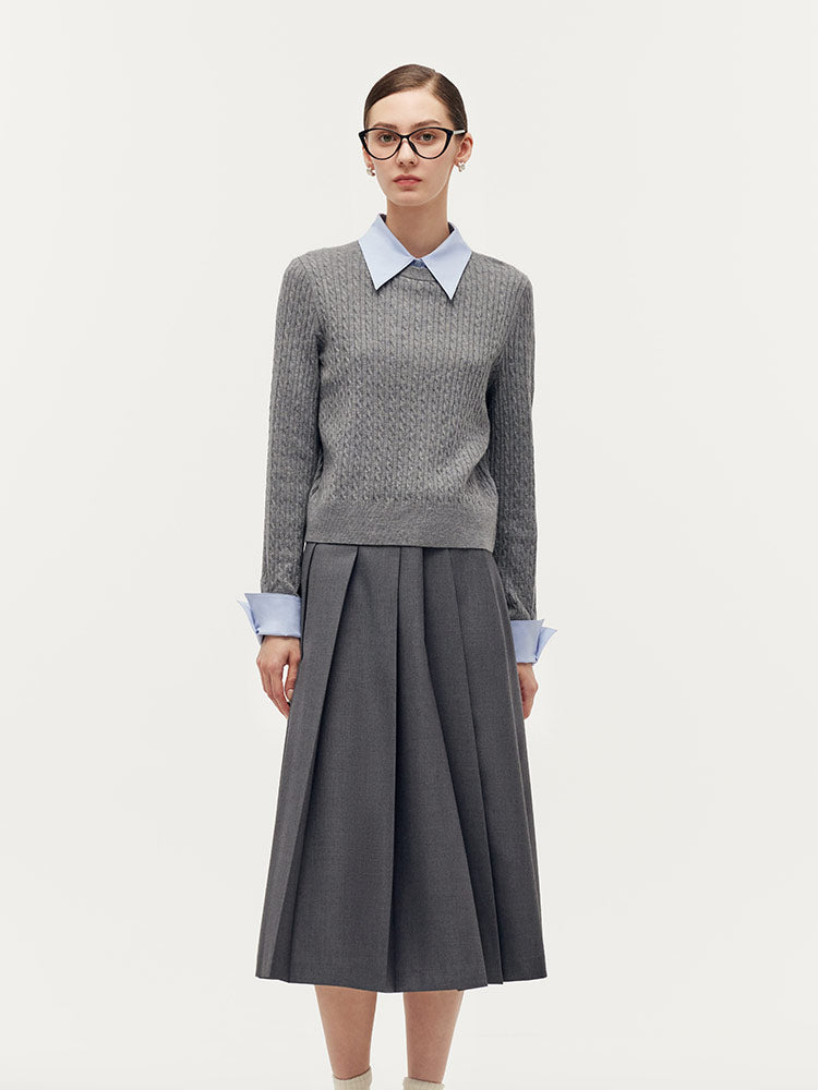 Crew Neck Sweater And Pleated Midi Skirt Two-Piece Set GOELIA