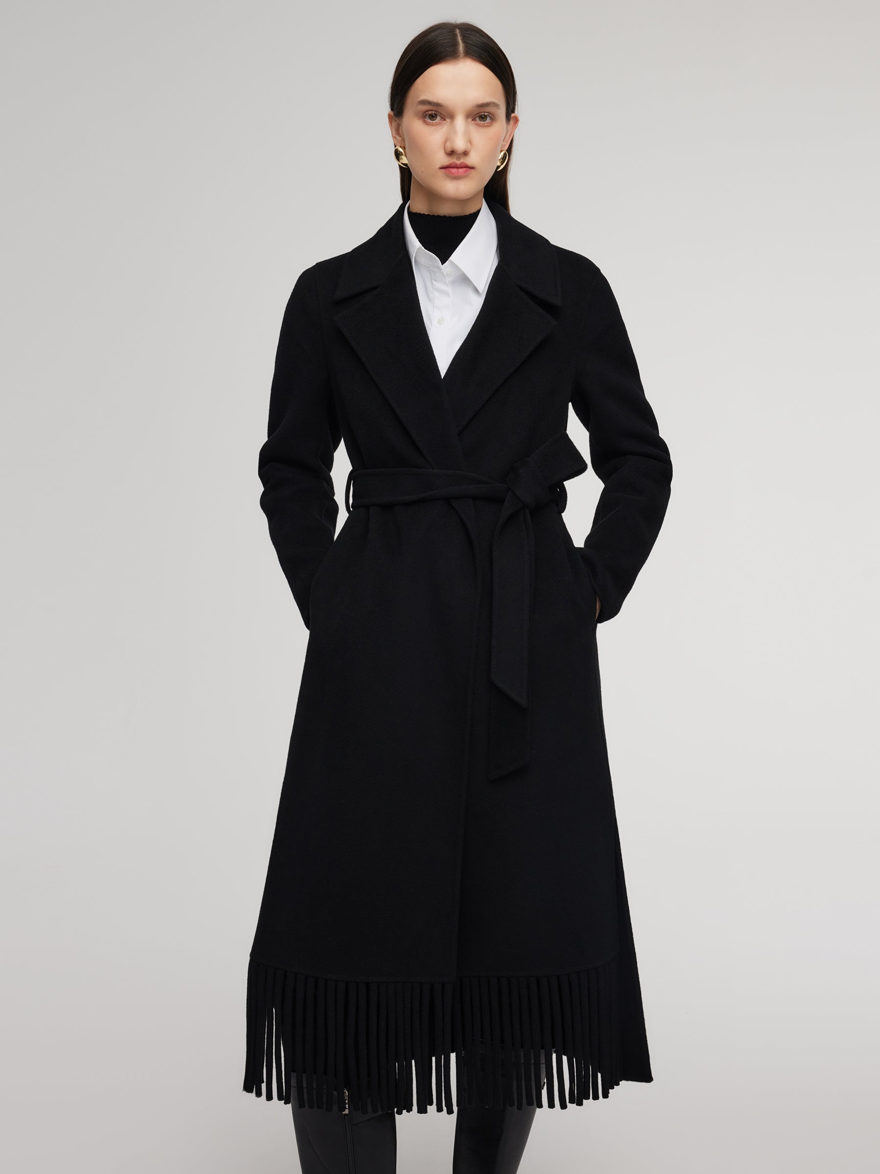 Cashmere Wool Blend Fringe Hem Women Wrap Overcoat GOELIA
