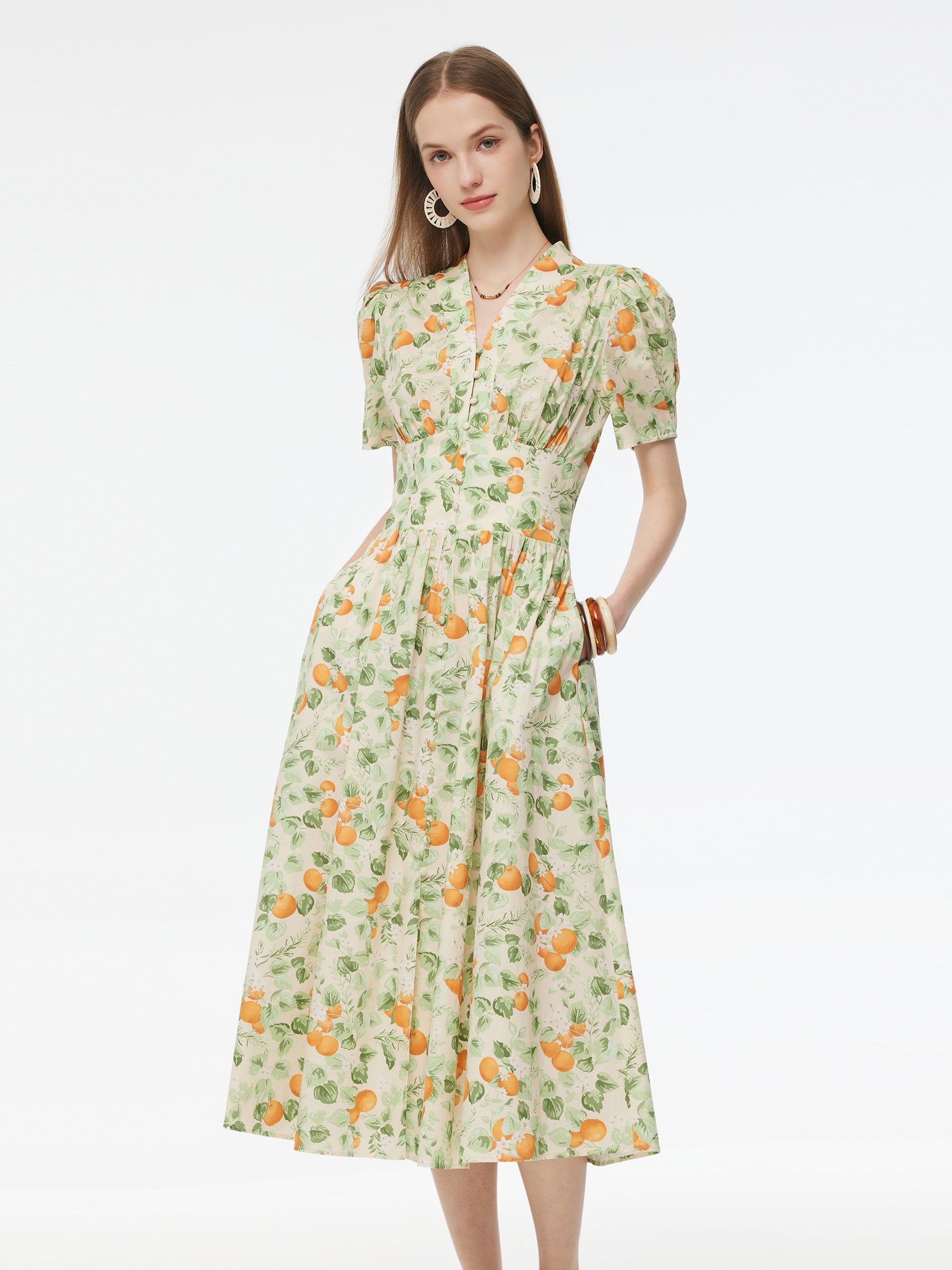 Cotton Gathered Waist Floral Print Women Maxi Dress GOELIA