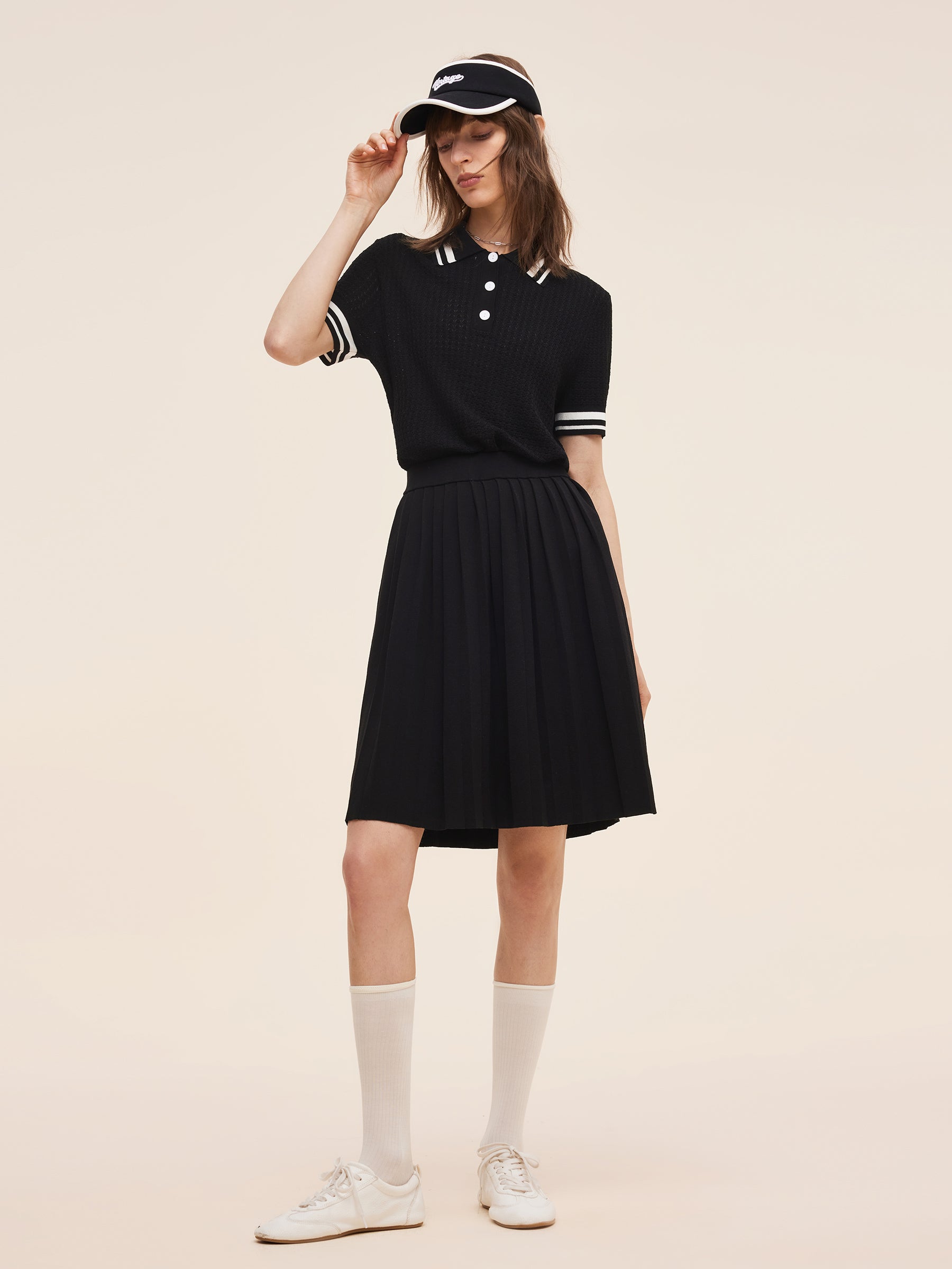 Tencel Blend Openwork Knit Top And Pleated Skirt Two-Piece Set GOELIA