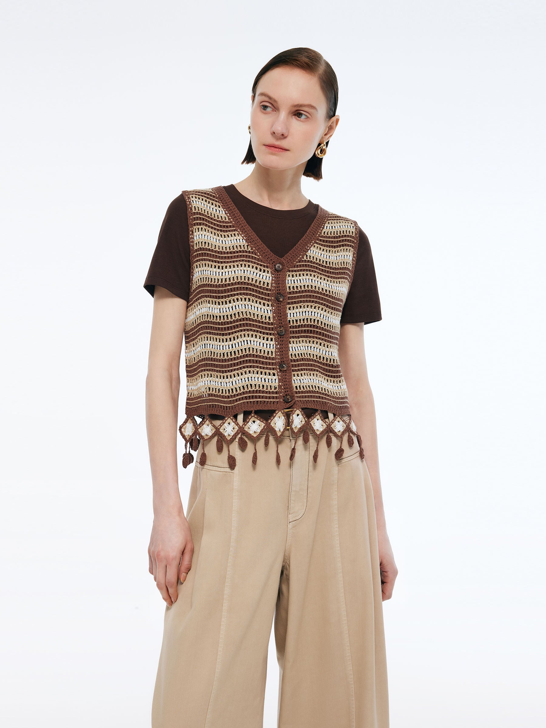 100% Cotton Stripe Open-Knit Vest And Knit T-shirt Two-Piece Set GOELIA
