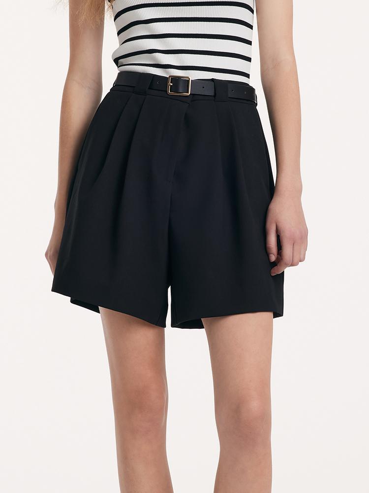 Black Loose A-Line Shorts With Belt GOELIA