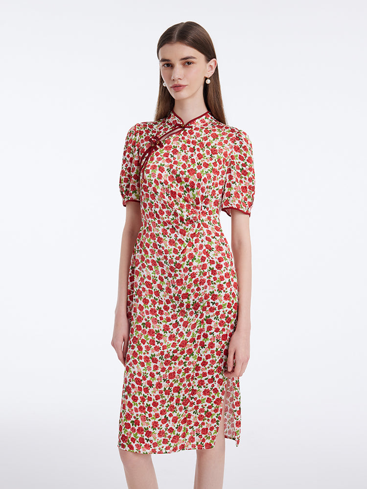 Red Rose Printed Cheongsam Qipao Women Midi Dress GOELIA