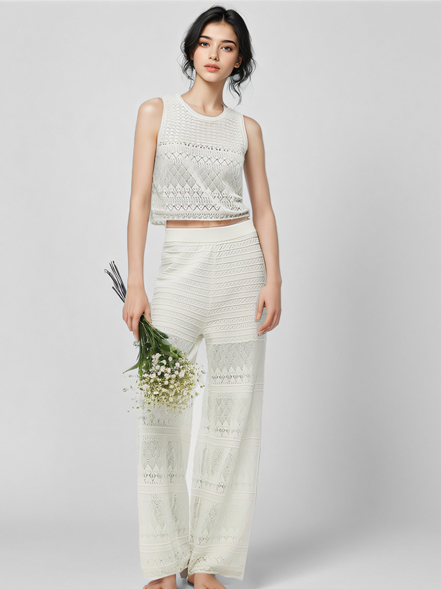 Cotton Openwork Tank Top And Pants Two-Piece Set GOELIA
