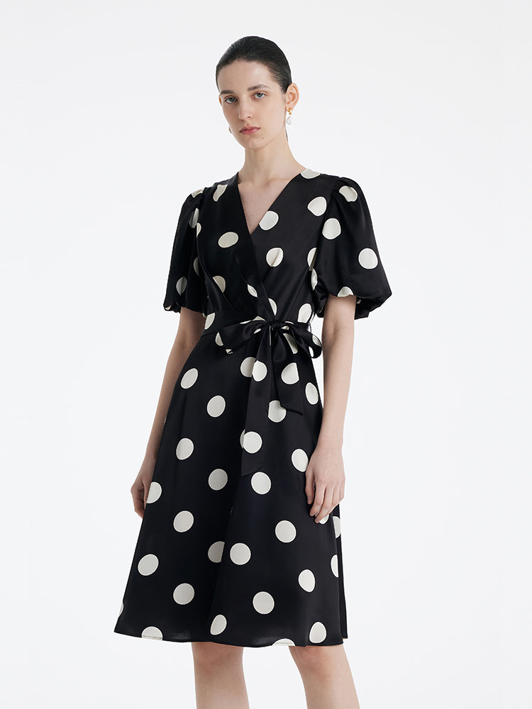 Acetate Polka Dots Printed Women Mini Dress With Belt GOELIA