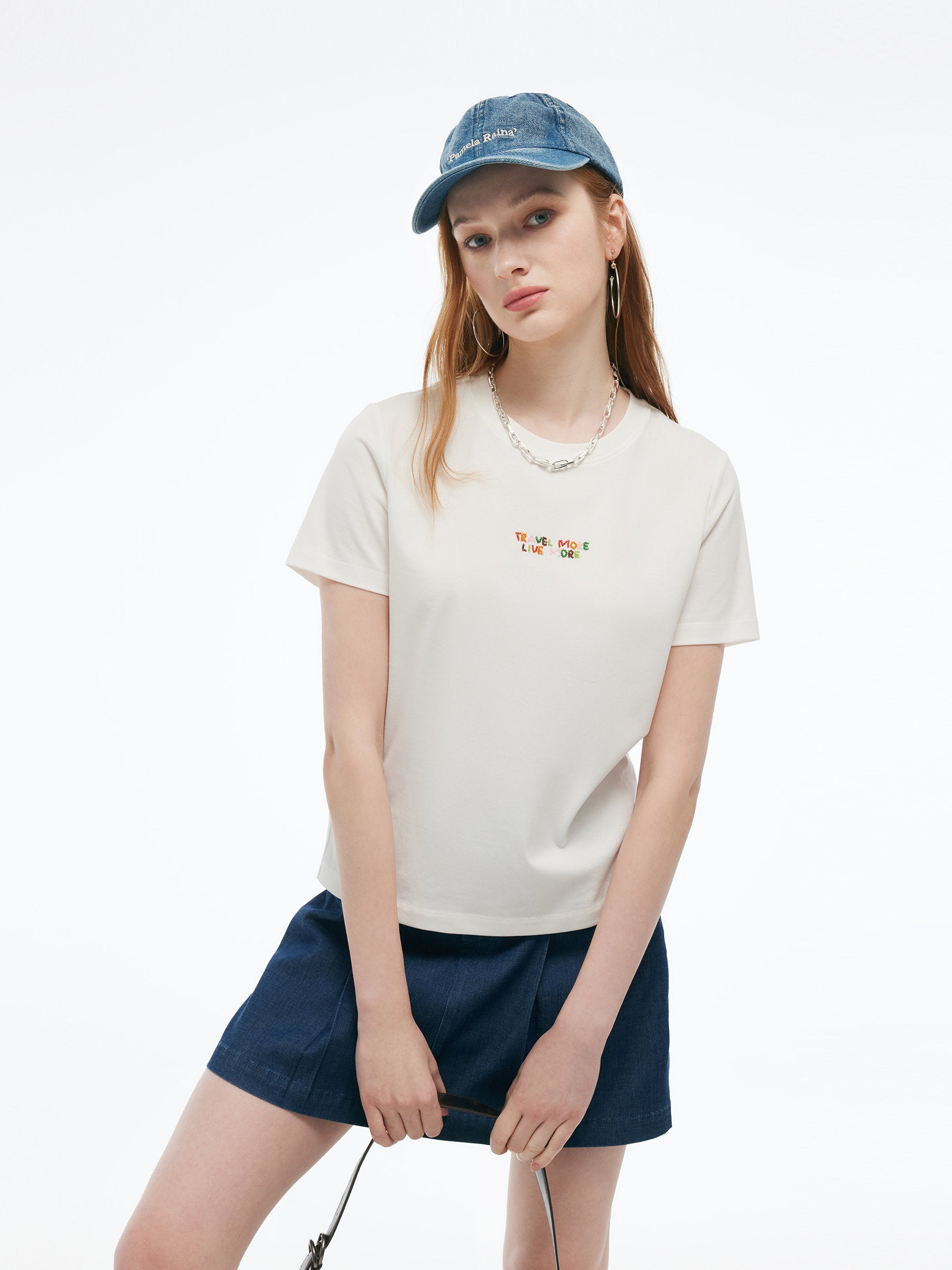 Colorful Bead Letter Women Round Neck Knit T-Shirt GOELIA