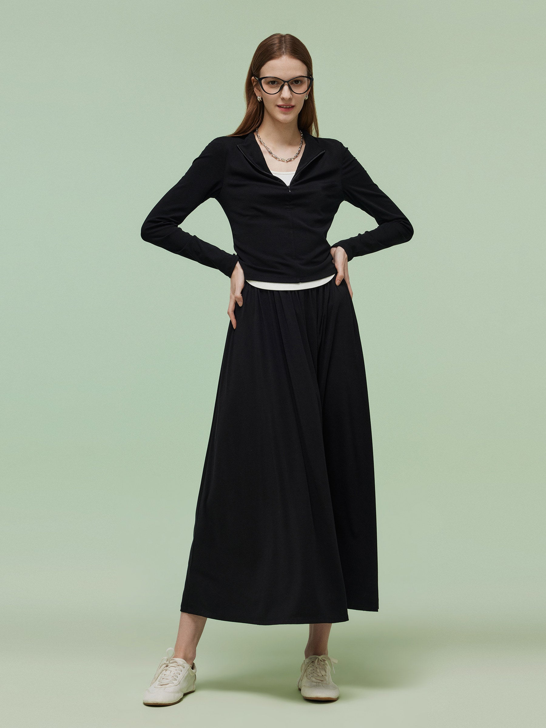 Tencel Blend Half-Zip Women Knit Top And Skirt Two-Piece Set GOELIA