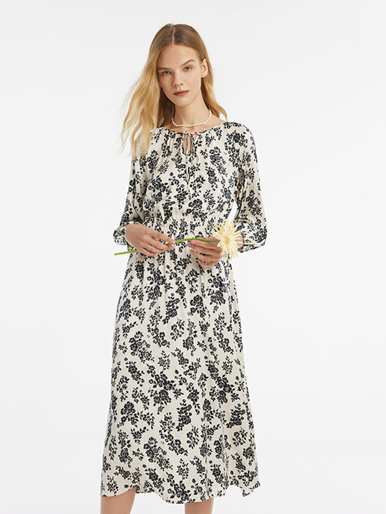 Camellia Printed Gathered Waist Women Midi Dress GOELIA