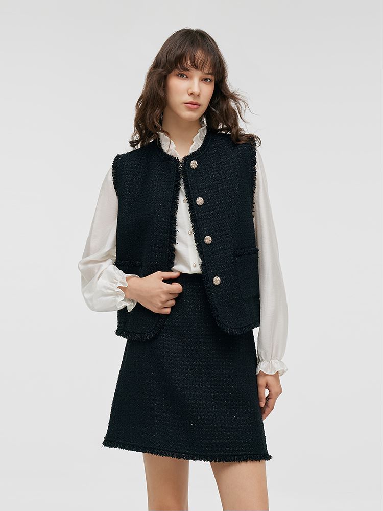 Tweed Women Vest And A Line Skirt Two Piece Set GOELIA