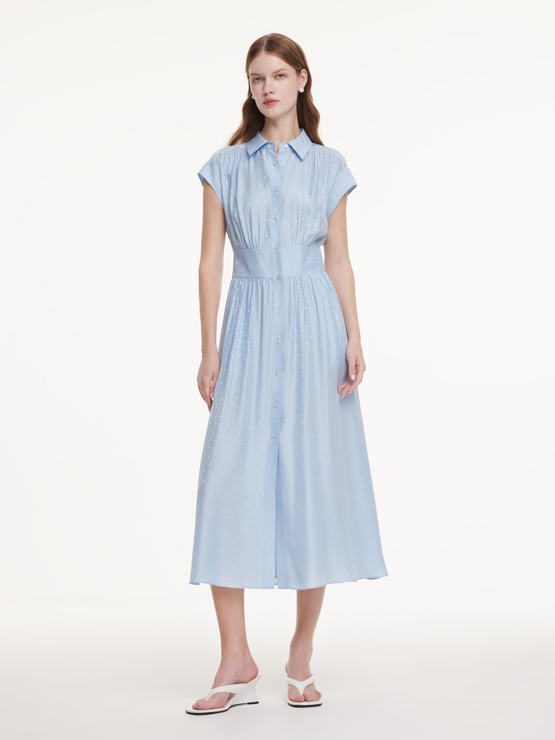 16.5MM Mulberry Silk Polka Dots Jacquard Women Maxi Shirt Dress, Light Blue / L