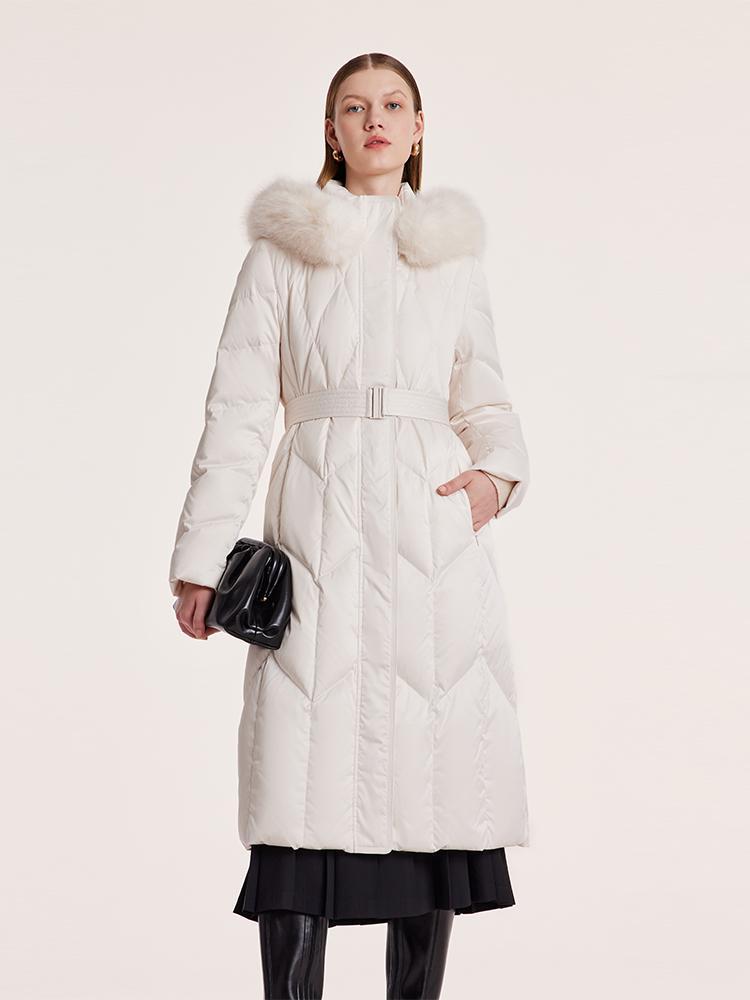 Gathered Waist Long Goose Down Garment With Faux-Fur Collar GOELIA