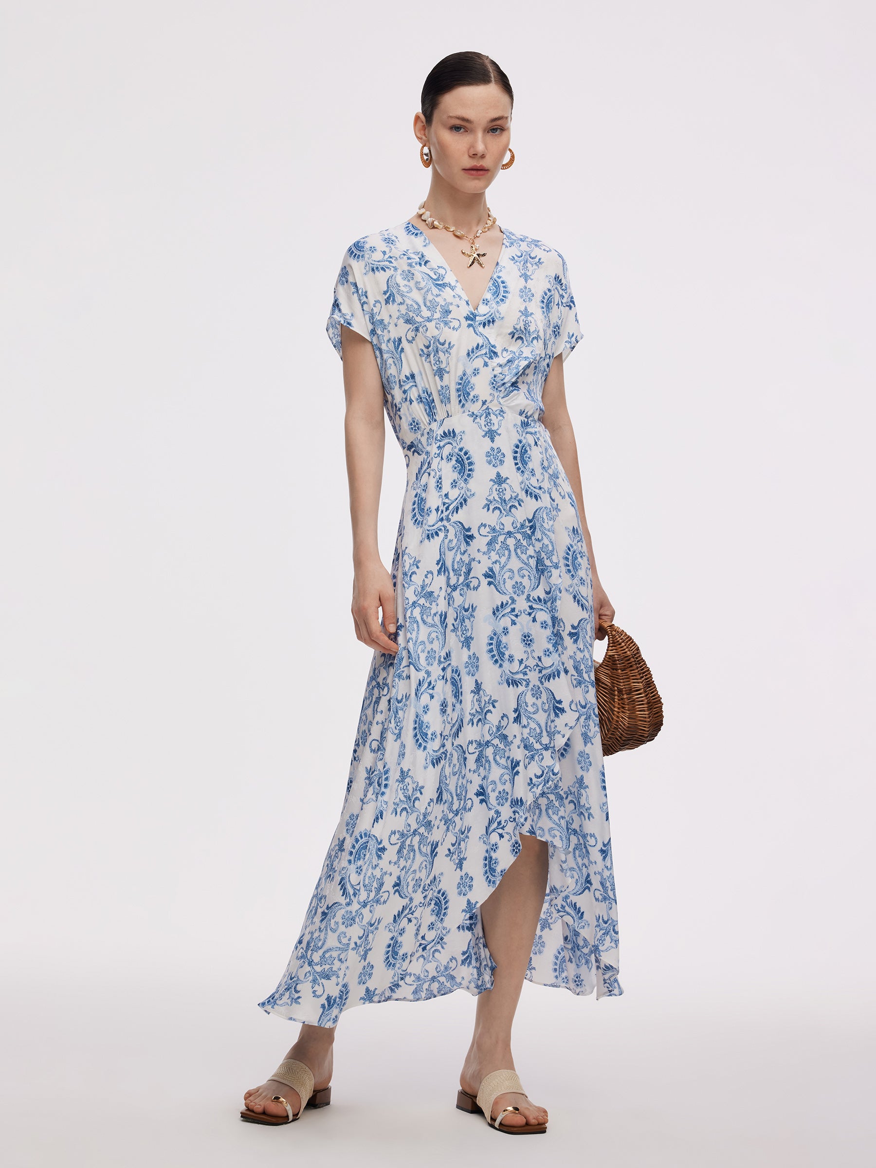 Floral Print Asymmetric Hem Women V-Neck Maxi Dress GOELIA