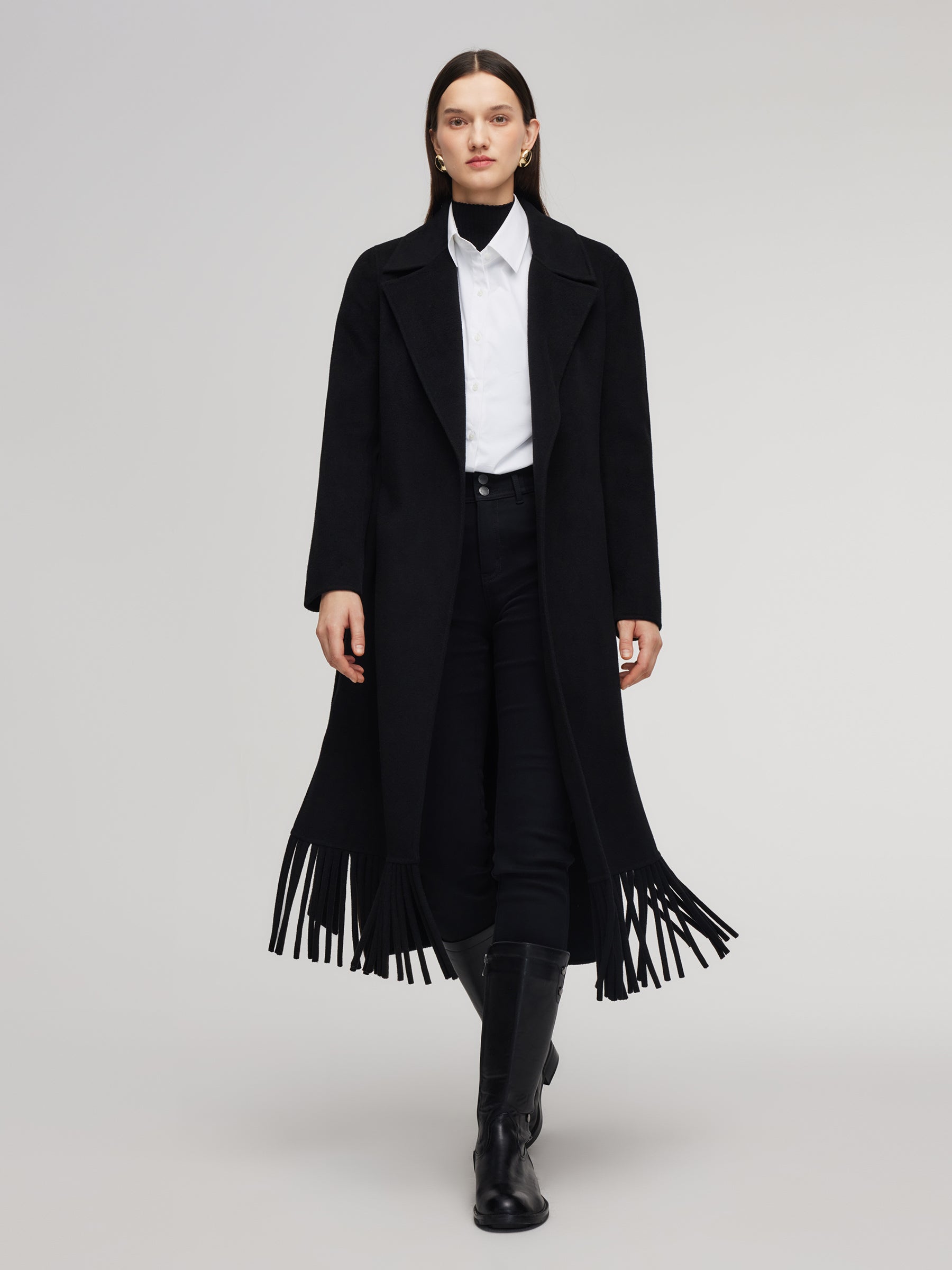 Cashmere Wool Blend Fringe Hem Women Wrap Overcoat GOELIA