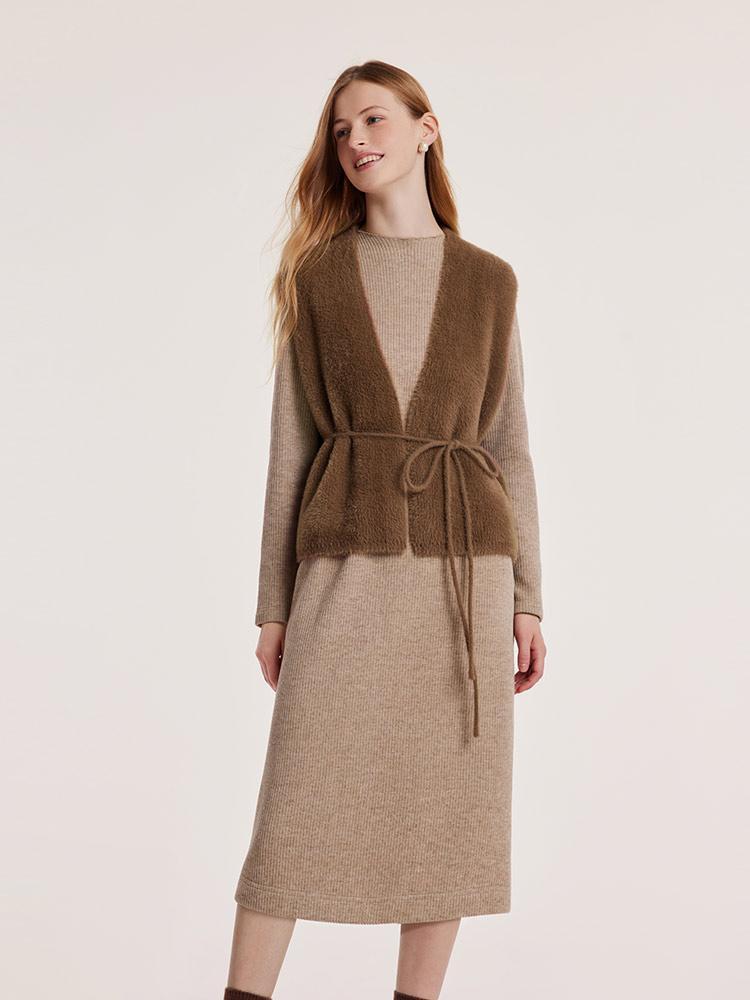 Slim Pinafore Dress And Faux Mink Vest Two-Piece Set With Belt GOELIA