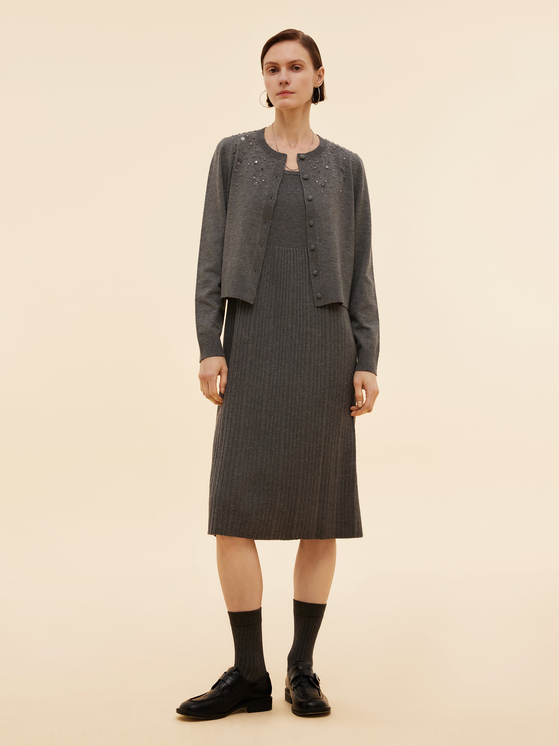 Beaded Sequins Cardigan And Pleated Sleeveless Midi Dress Two-Piece Set GOELIA