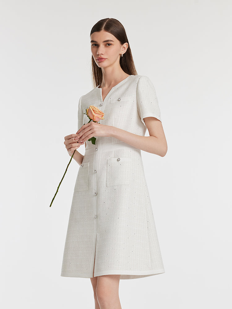 Gathered Waist Single-Breasted Sequins Tweed Mini Dress With Patch Pockets GOELIA