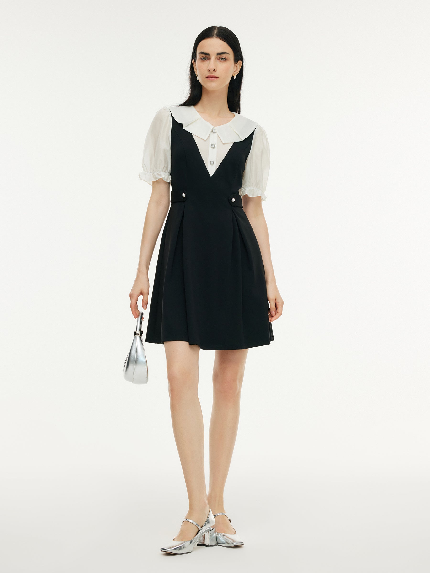 Faux Two-Piece A-Line Women Puff Sleeve Knit Mini Dress GOELIA