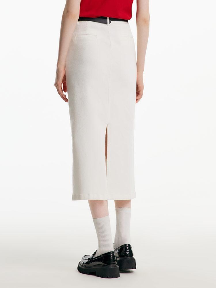 Split White Denim Long Skirt With Belt GOELIA
