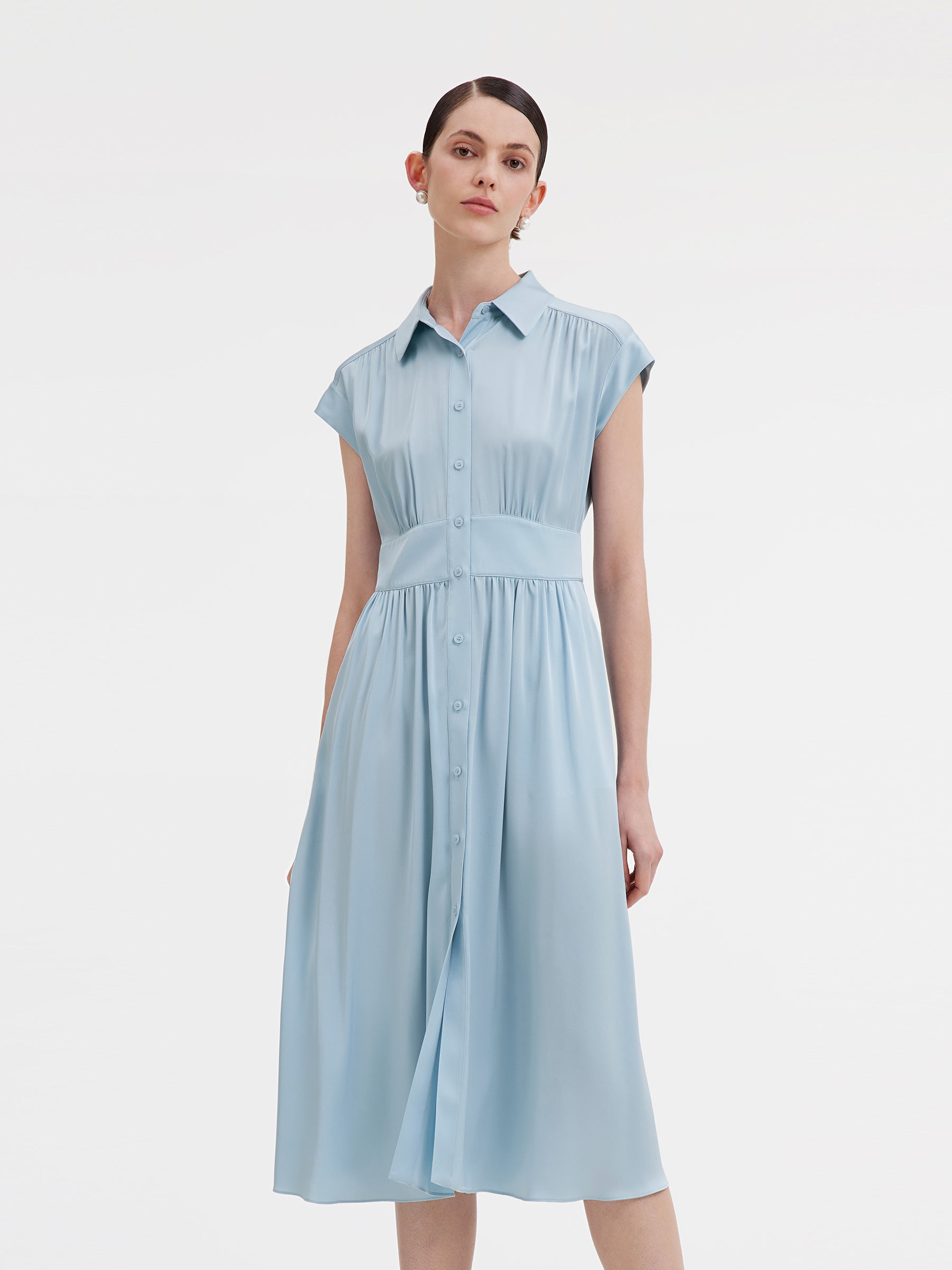 22MM Stretch Silk Women Midi Shirt Dress GOELIA