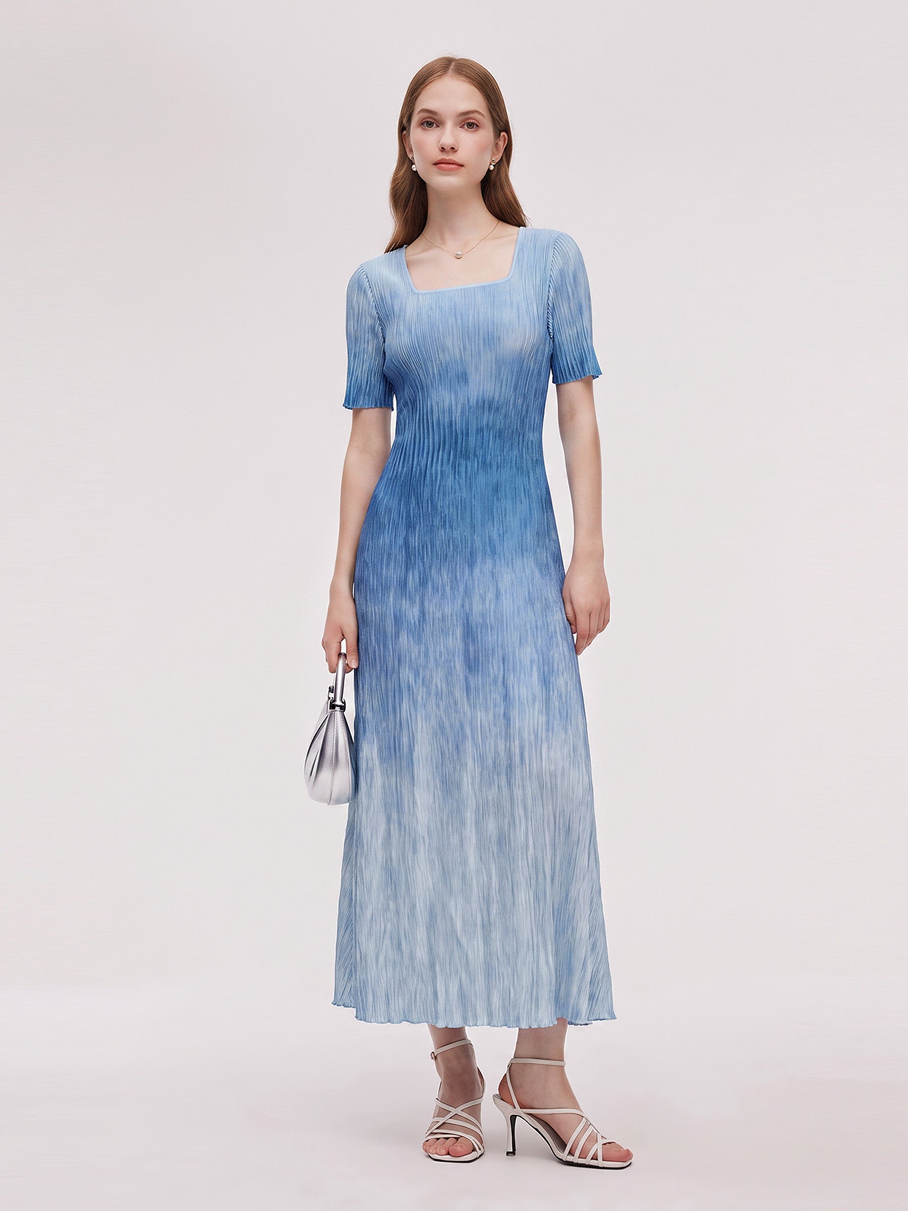 Blue And White Gradient Women Pleated Maxi Dress