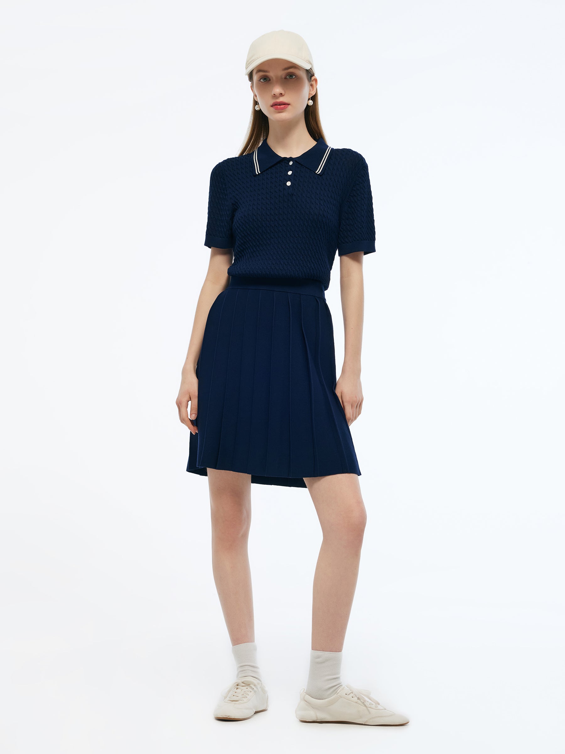 Lyocell Blend Polo Knit Top And Pleated Skirt Two-Piece Set GOELIA