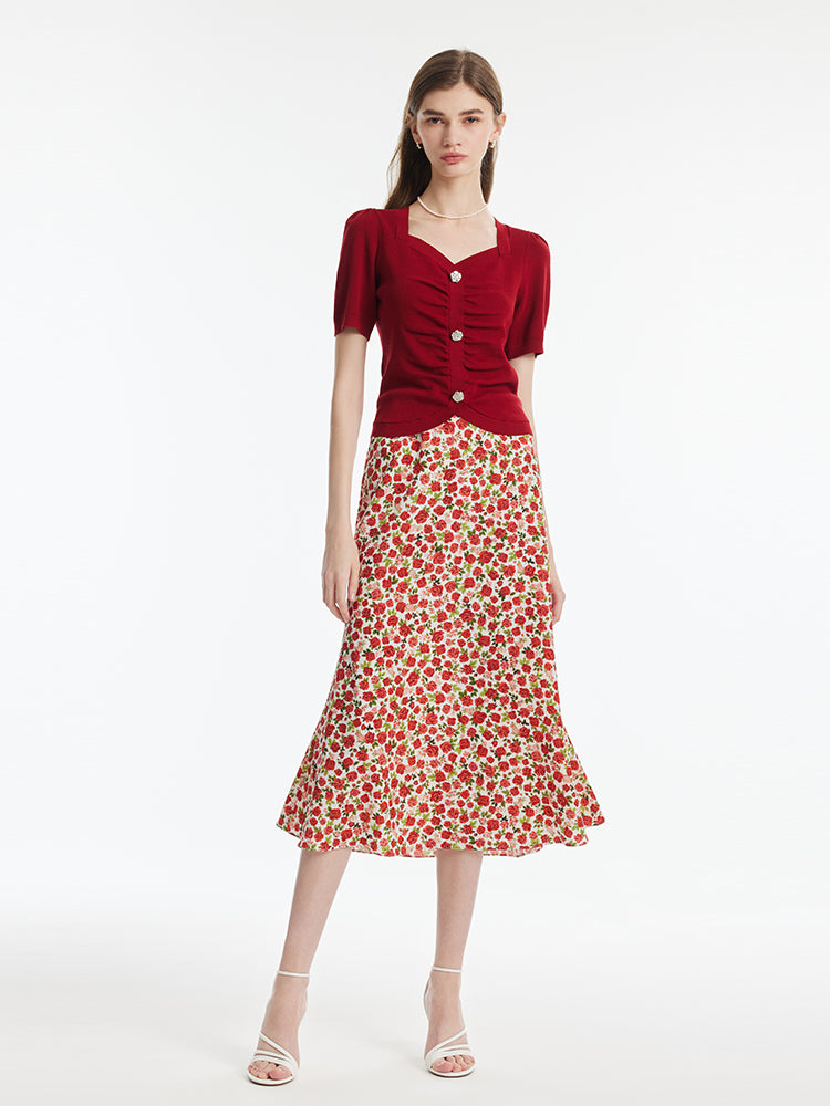 Tencel-Silk Blend Ruched Women Knit Top With Rose Shaped Button GOELIA