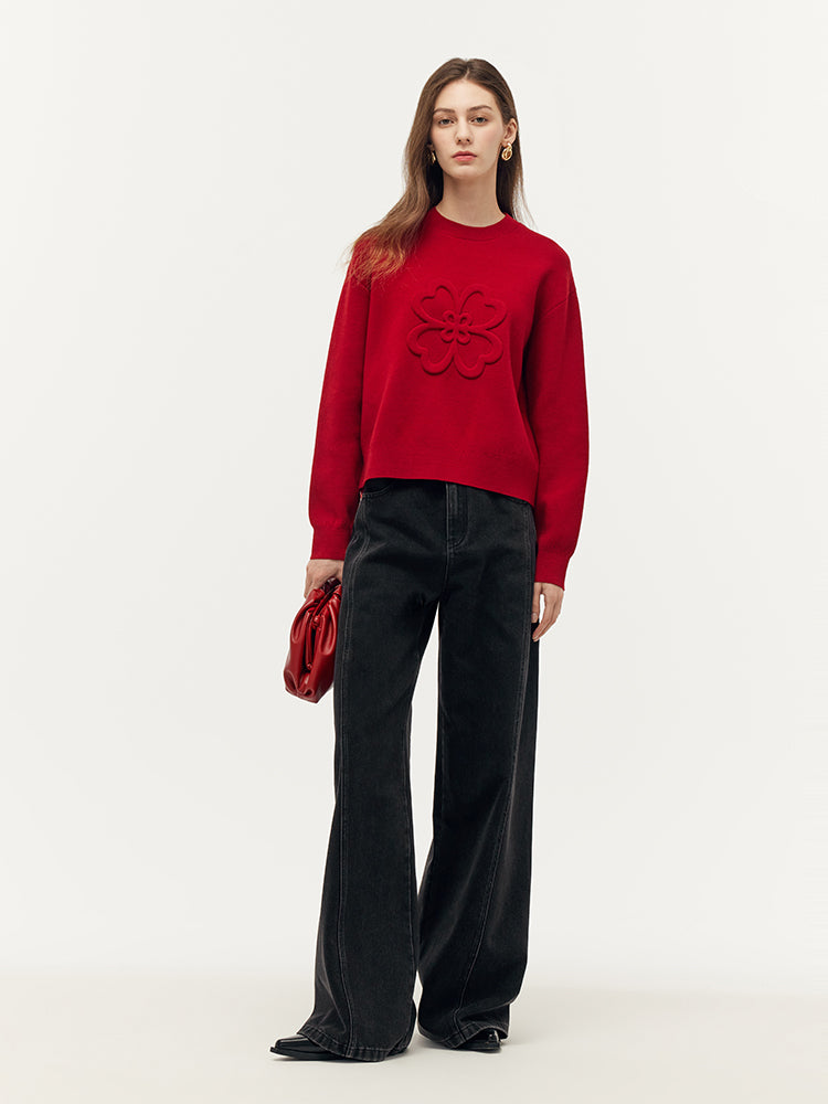 Tencel Wool Blend Four-Leaf Clover Embossed Women Sweater GOELIA