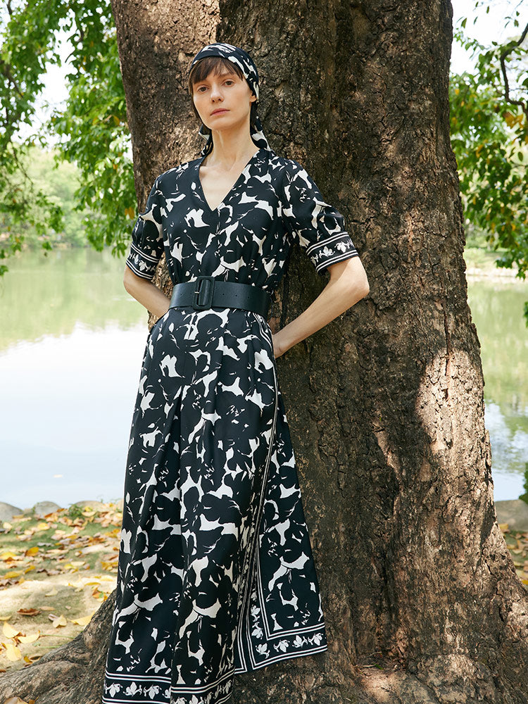 14 Momme Mulberry Silk Iris Printed Women Maxi Dress With Belt GOELIA