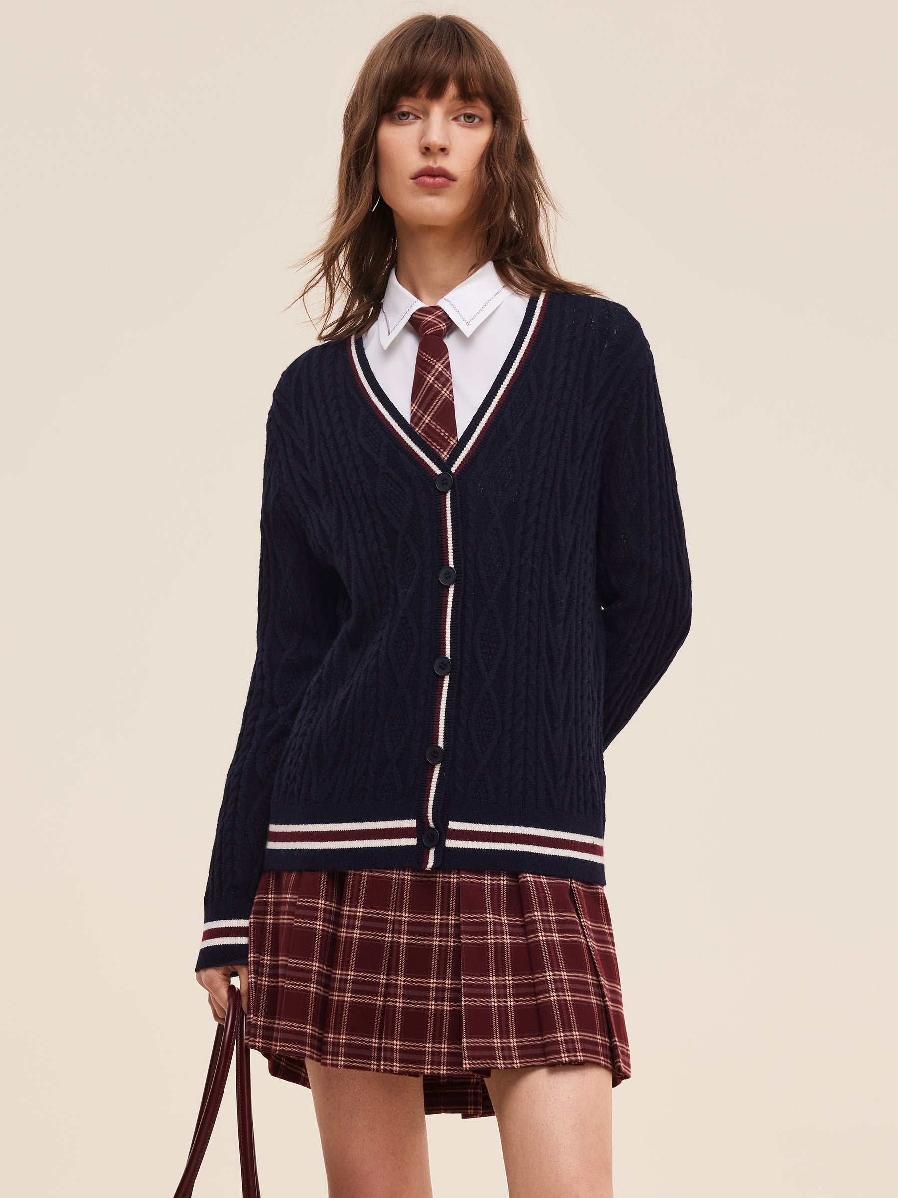 Wool Blend Contrast Trim Women Cardigan GOELIA