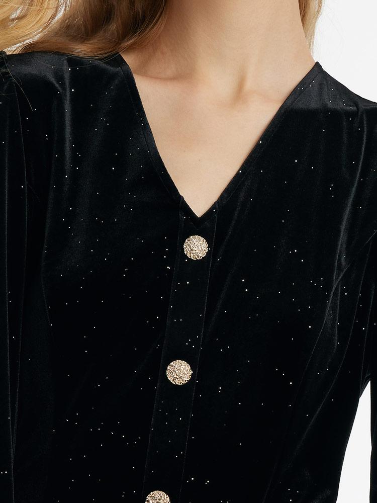 Velvet V-Neck Women Dress With Chain Belt GOELIA
