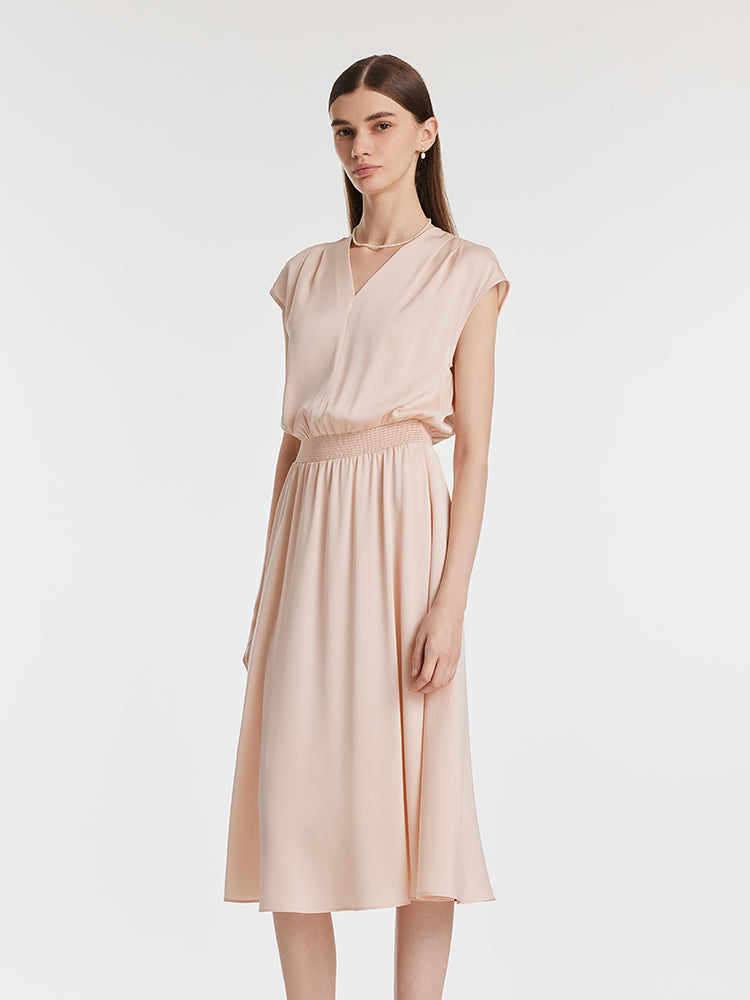 22 Momme Mulberry Silk Gathered Waist Women Midi Dress GOELIA